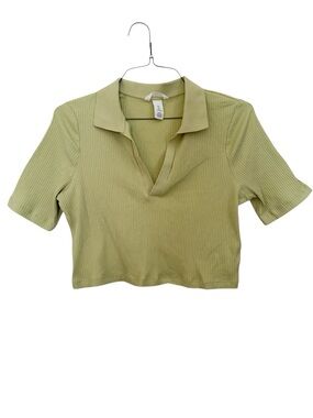 H&M Cropped Pistachio Green Ribbed Polo Shirt Top Short Sleeves Size L Large